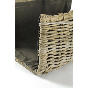 Firewood basket of gray rattan with removable dark fabric