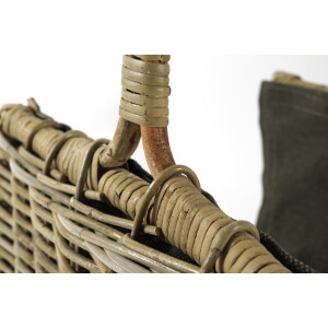 Firewood basket of gray rattan with removable dark fabric