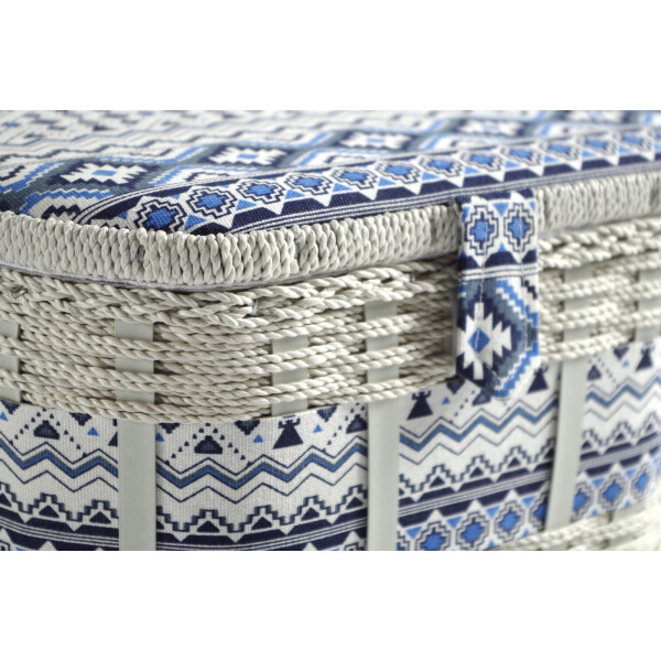 Nähkästchen oval aus Kunststoff und Textil mit blau weißem Muster, 27,95 €