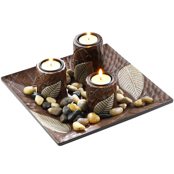 Dekoschale braun quadratisch mit drei Kerzenhaltern