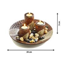 Dekoschale braun rund mit drei Kerzenhaltern