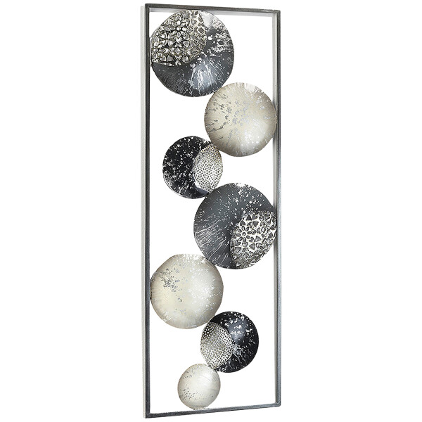 Metal mural from metal circles and ornaments white gray silver