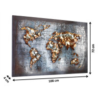 Wandbild 3 D -WORLD-  aus Metall in Grau- und Goldtönen