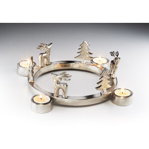 Runder Kerzenhalter Teelichthalter -Rentiere- Metall - silber - 32x8 cm