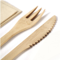 Bambusbesteck-Set Premium - Serviette / Messer / Gabel - kein Holz - 100 Sets