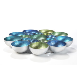 Kerzenhalter BUBBLE aus Metall in Blau- und Grüntönen