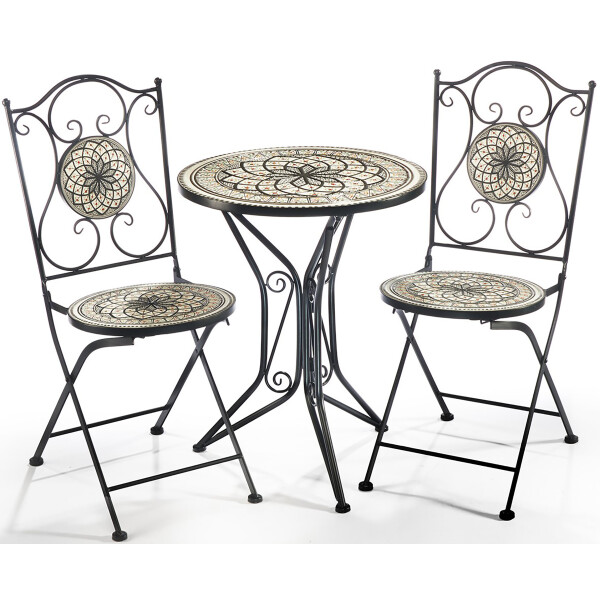 Seating garden furniture mosaic look - 1 table - 2 chairs - metal - gray -white