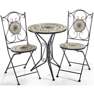 Sitzgruppe Gartenmöbel Mosaikoptik - 1 Tisch - 2 Stühle - Metall - grau-weiß