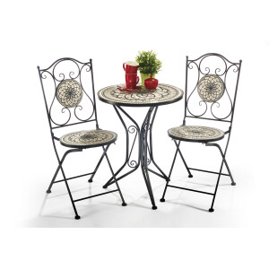 Seating garden furniture mosaic look - 1 table - 2 chairs - metal - gray -white