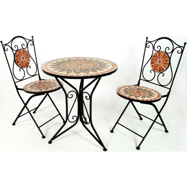 Table group mosaic 1 table around 2 folding chairs metal mosaic black terracotta