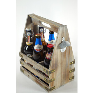 Flaschenträger für 6 Flaschen - mit Flaschenöffner - Holz