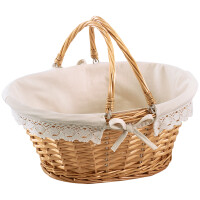 Wicker basket oval with clappiness including textile with crochet border