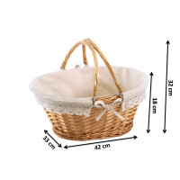 Wicker basket oval with clappiness including textile with crochet border