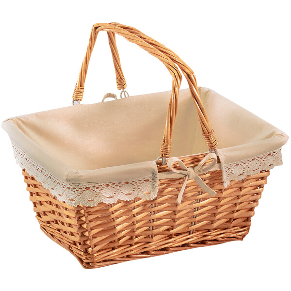 Wicker basket angular with rigsuses including textile with crochet border