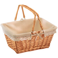 Wicker basket angular with rigsuses including textile with crochet border