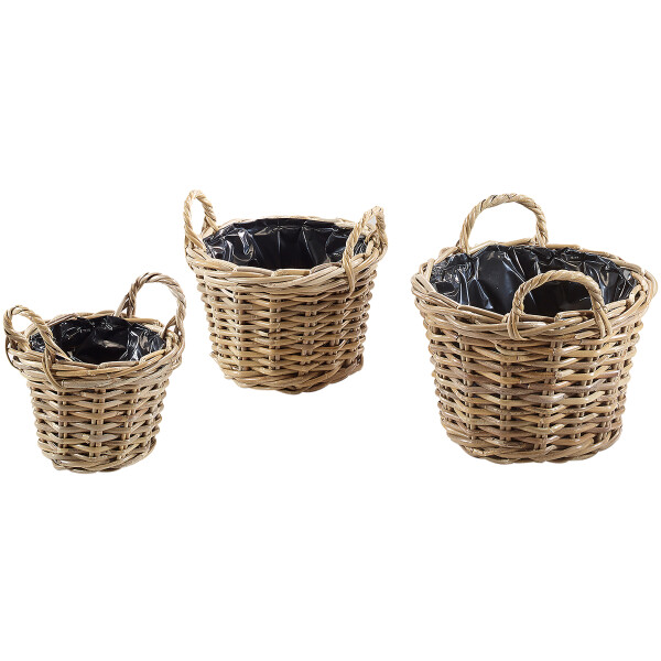 Plant round with a handle made of rattan Kubu gray with foil S/3