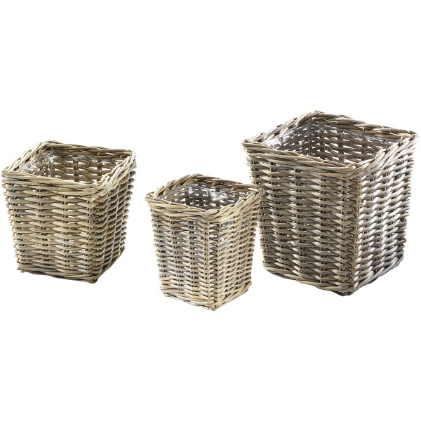 Planting basket overpot rattan gray angular with foil S/3