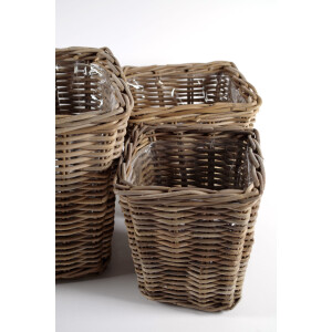 Planting basket overpot rattan gray angular with foil S/3